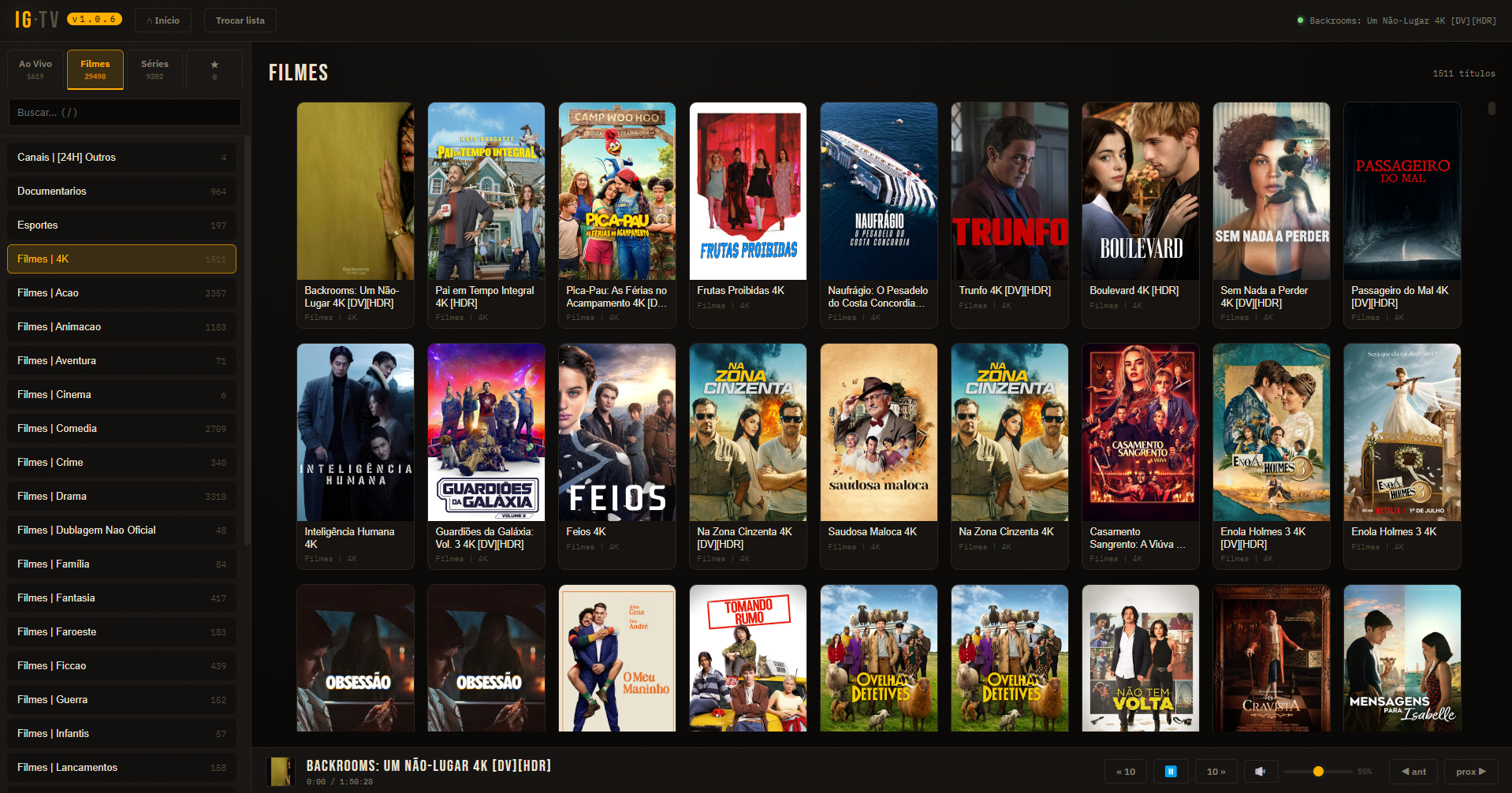 Interface do IG TV mostrando o catálogo de filmes 4K